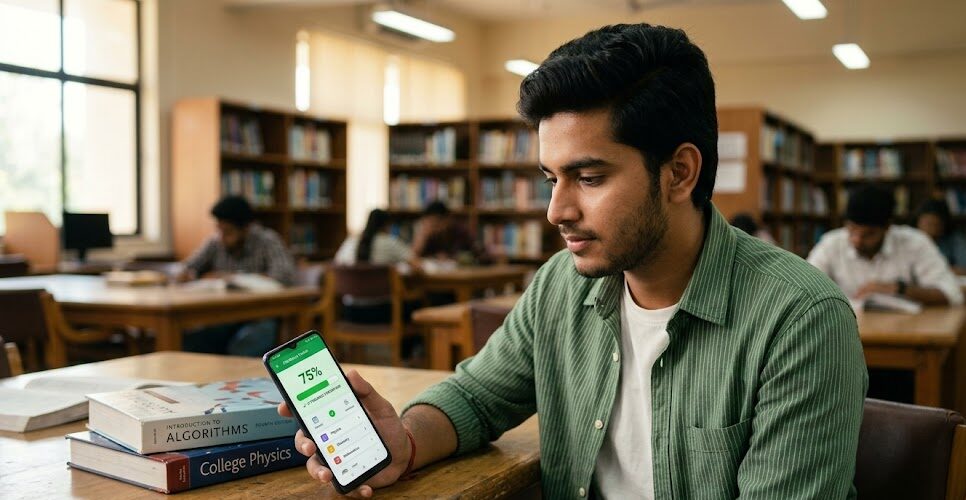 student checking attendance percentage on phone