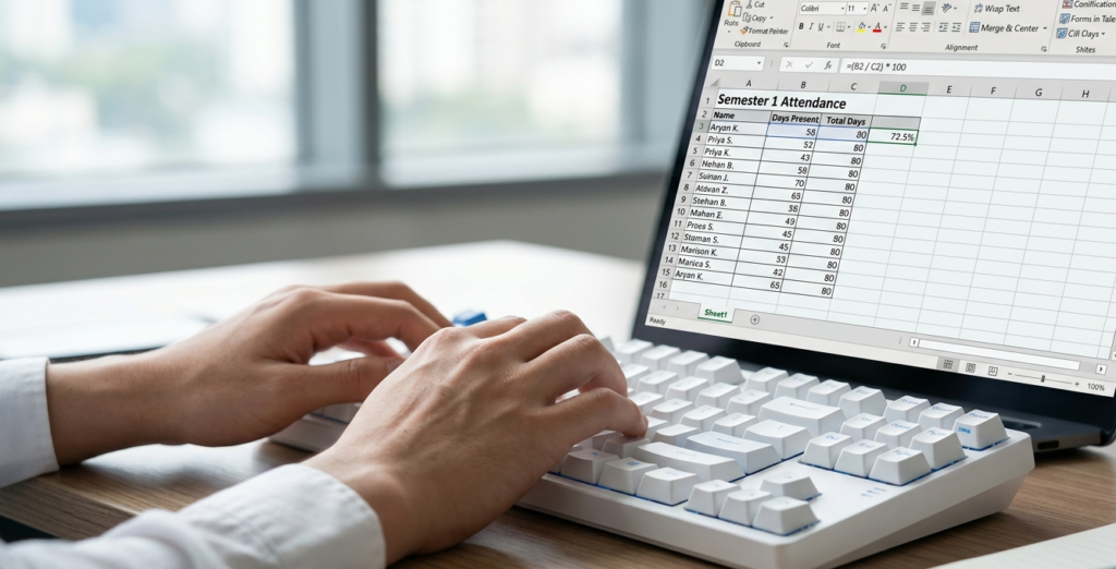 typing attendance percentage formula on keyboard in Excel